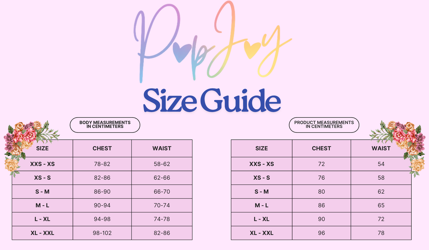 PopJoy size guide with measurements for chest and waist in centimeters