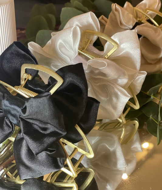 Metallic Hair Claw Clip with bow - White Satin Bow