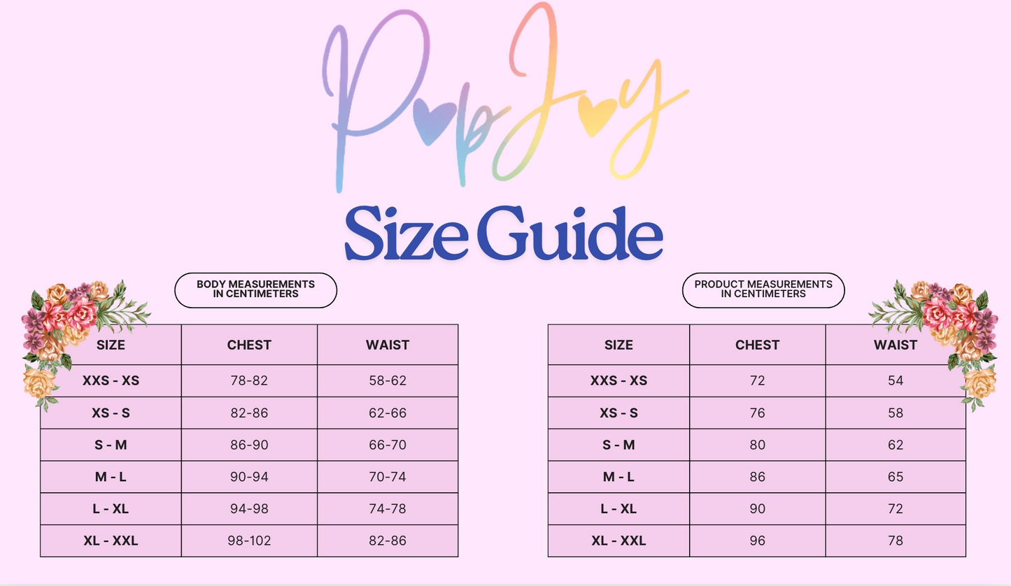 PopJoy size guide with measurements for corset tops