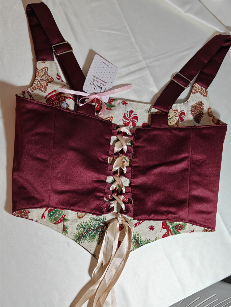 Christmas pattern &amp; Wine Red - Reversible Corset Top - Sample Sale - M-L