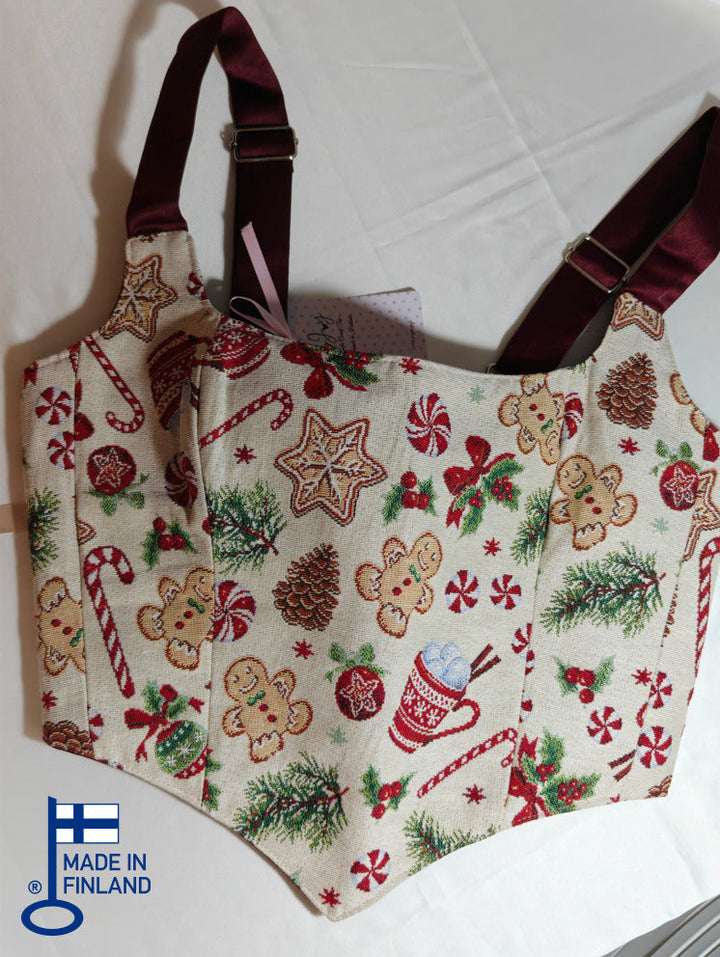 Christmas pattern &amp; Wine Red - Reversible Corset Top - Sample Sale - M-L — made in Finland — view 1