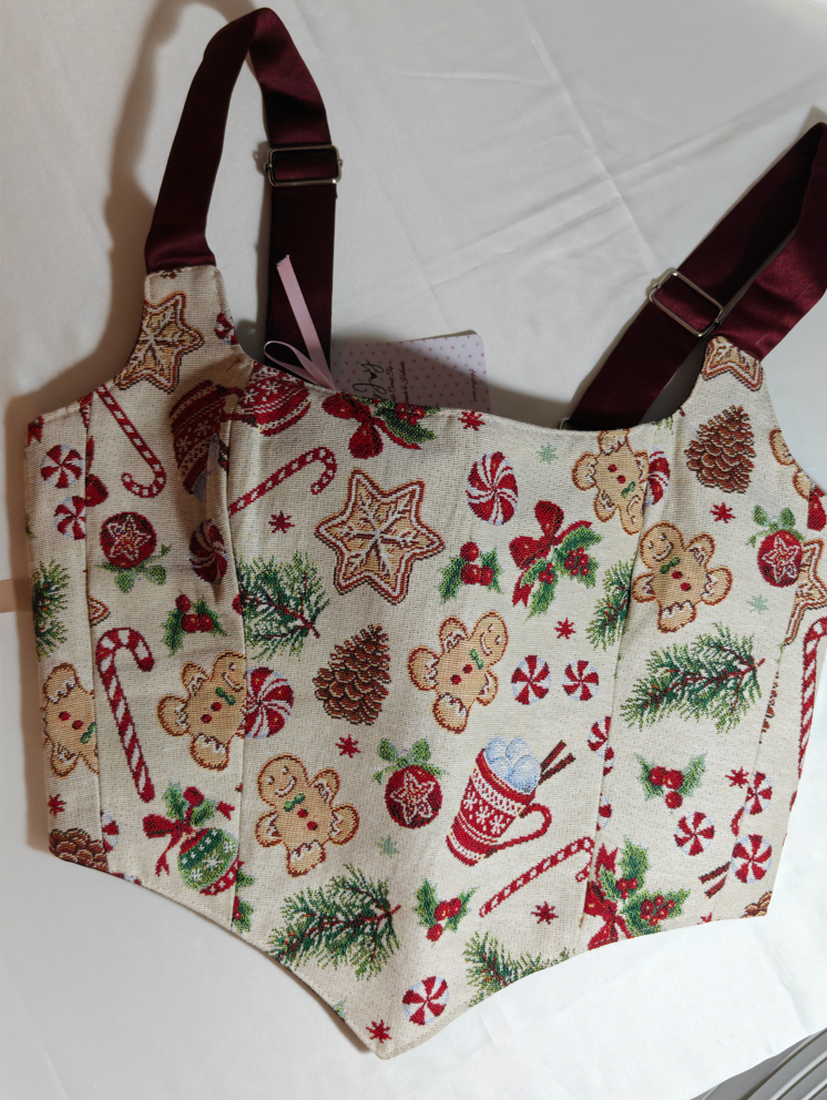 Christmas pattern &amp; Wine Red - Reversible Corset Top - Sample Sale - M-L