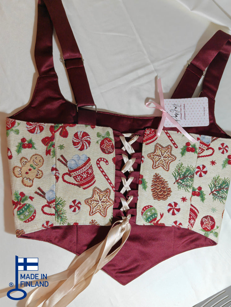 Christmas pattern & Wine Red - Reversible Corset Top - Sample Sale - M-L — made in Finland — view 2