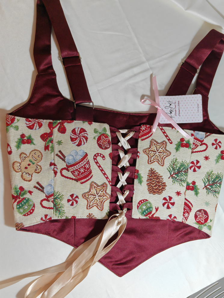 Christmas pattern &amp; Wine Red - Reversible Corset Top - Sample Sale - M-L