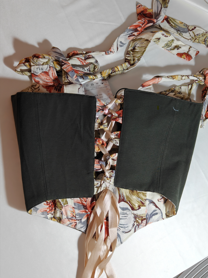 Cream &amp; Forest with bow straps - Reversible Corset Top - Sample Sale - S-M