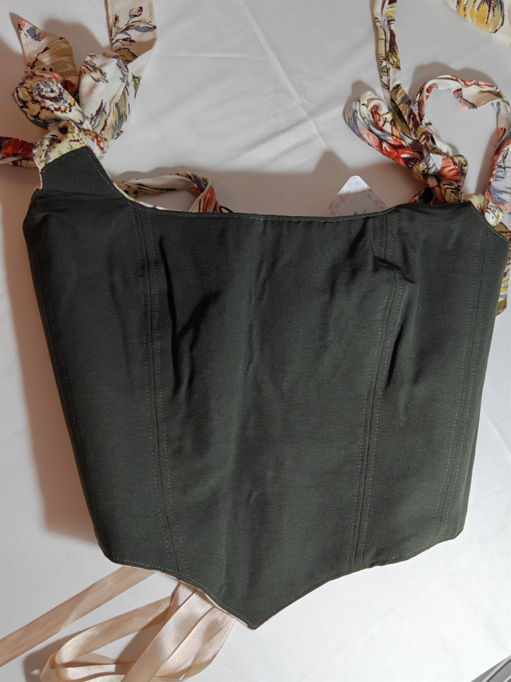 Cream &amp; Forest with bow straps - Reversible Corset Top - Sample Sale - S-M