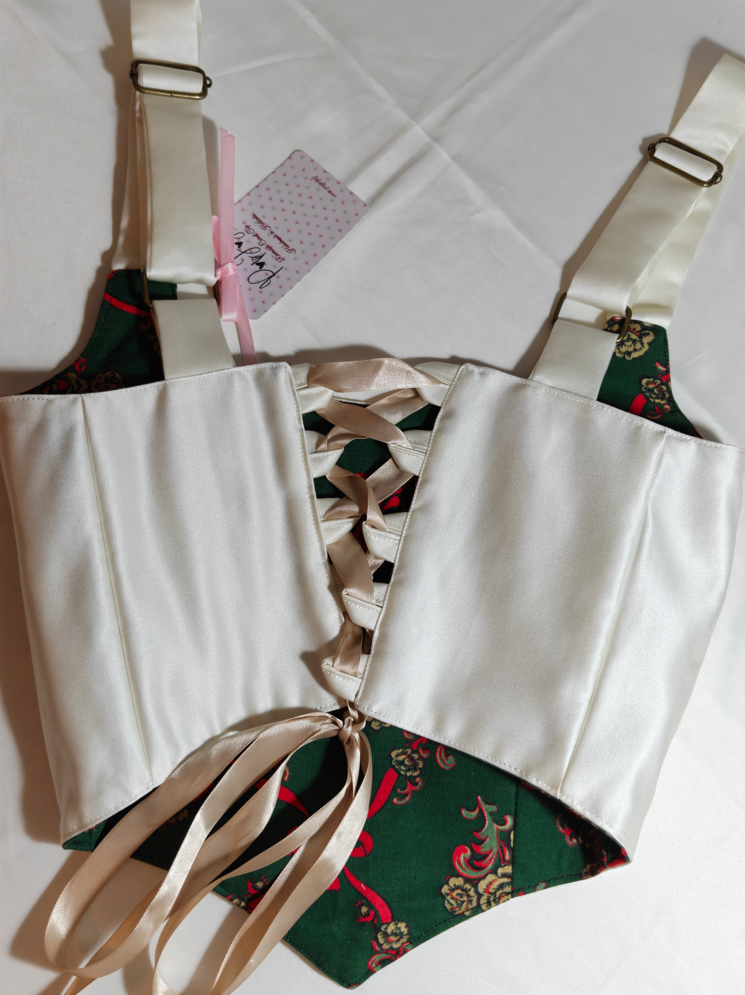 Cream &amp; Green Christmas pattern - Reversible Corset Top - Sample Sale - XS-S