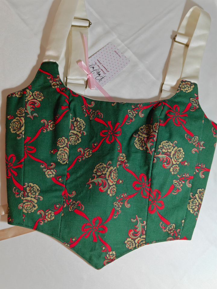 Cream &amp; Green Christmas pattern - Reversible Corset Top - Sample Sale - XS-S
