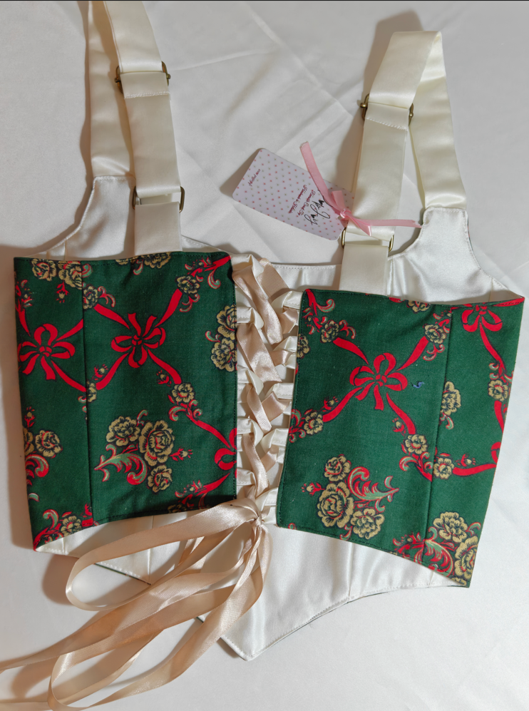 Cream &amp; Green Christmas pattern - Reversible Corset Top - Sample Sale - XS-S