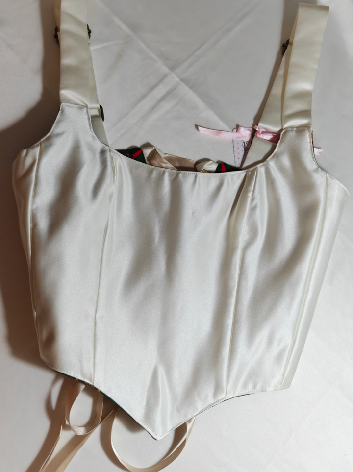 Cream &amp; Green Christmas pattern - Reversible Corset Top - Sample Sale - XS-S