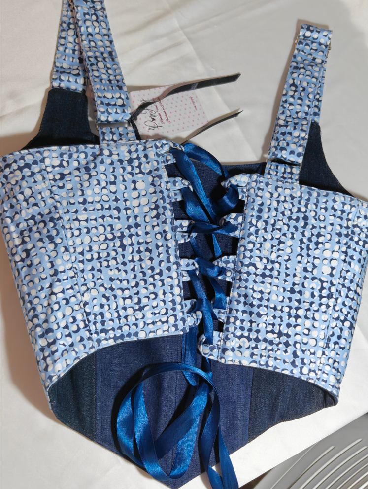 Denim &amp; Blue pattern - Reversible Corset Top - Sample Sale - XS - S