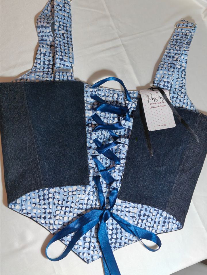 Denim &amp; Blue pattern - Reversible Corset Top - Sample Sale - XS - S