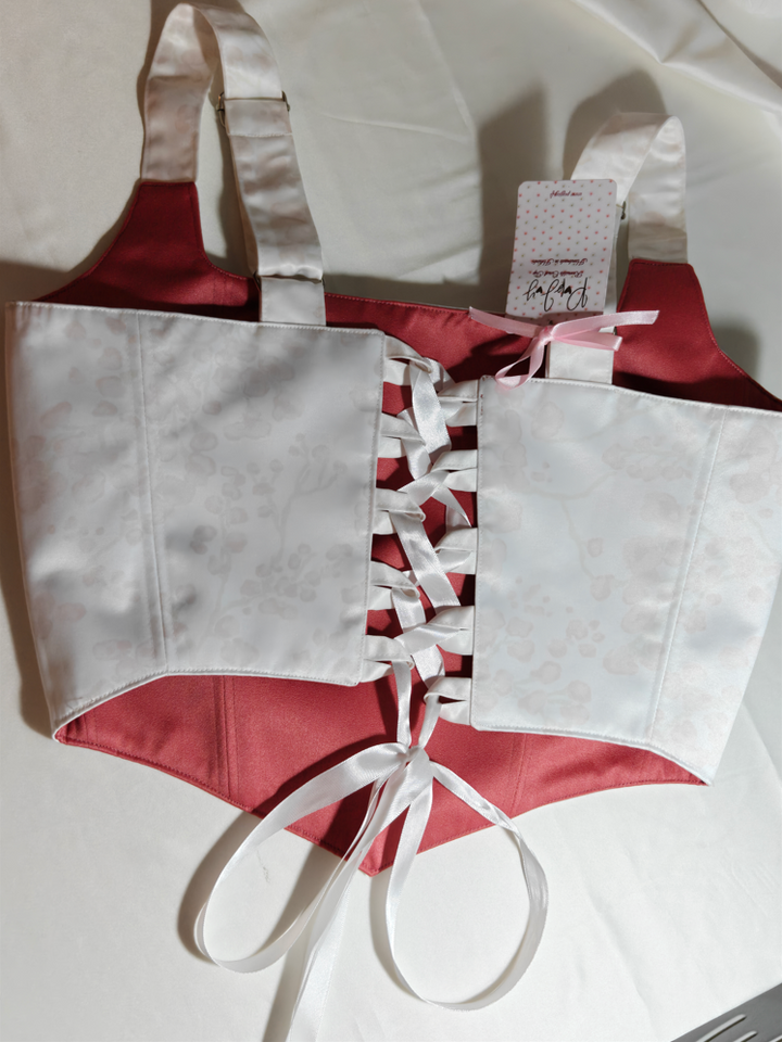 Salmon Red &amp; White with floral pattern - Reversible Corset Top - Sample Sale - M-L