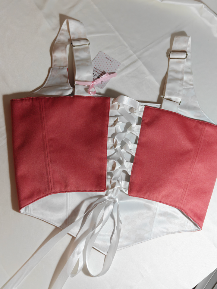 Salmon Red &amp; White with floral pattern - Reversible Corset Top - Sample Sale - M-L