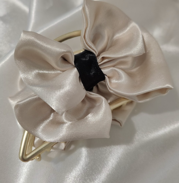 Metallic Hair Claw Clip with bow - White Satin Bow — handmade hair accessory by PopJoy, Helsinki