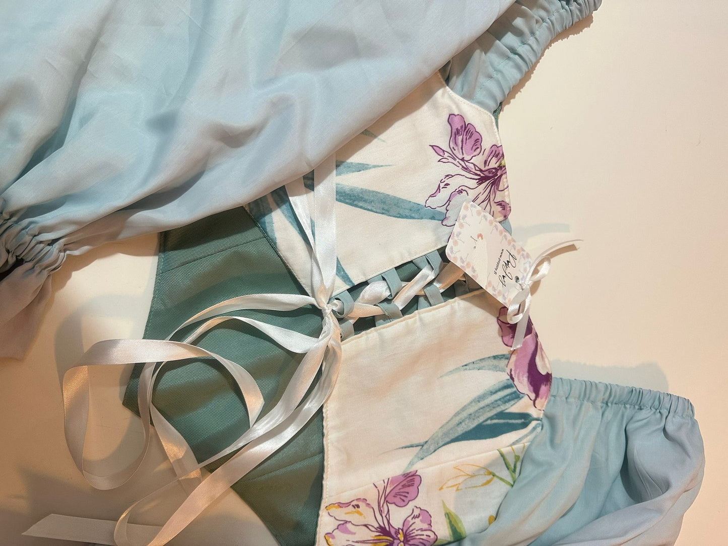White & Turquoise - Reversible Corset Top / Long Sleeves - Sample Sale - M-L