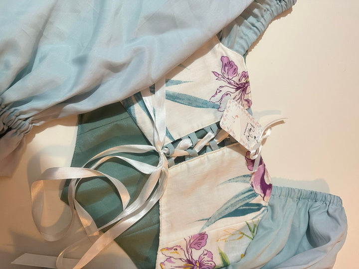 White &amp; Turquoise - Reversible Corset Top / Long Sleeves - Sample Sale - M-L