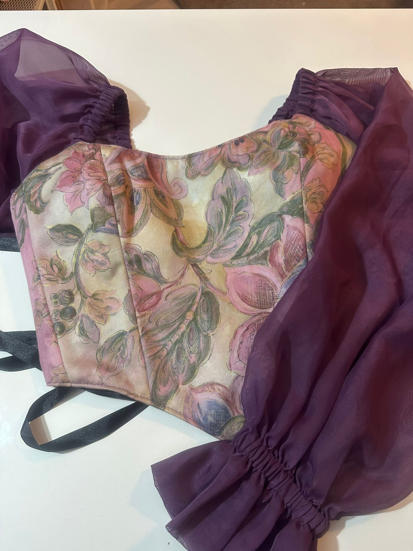 Flowers & Purple - Reversible Corset Top / Long Sleeves - Sample Sale - S-M
