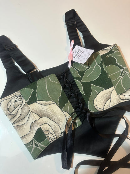 Green Leaves & Black - Reversible Corset Top - Sample Sale - L-XL