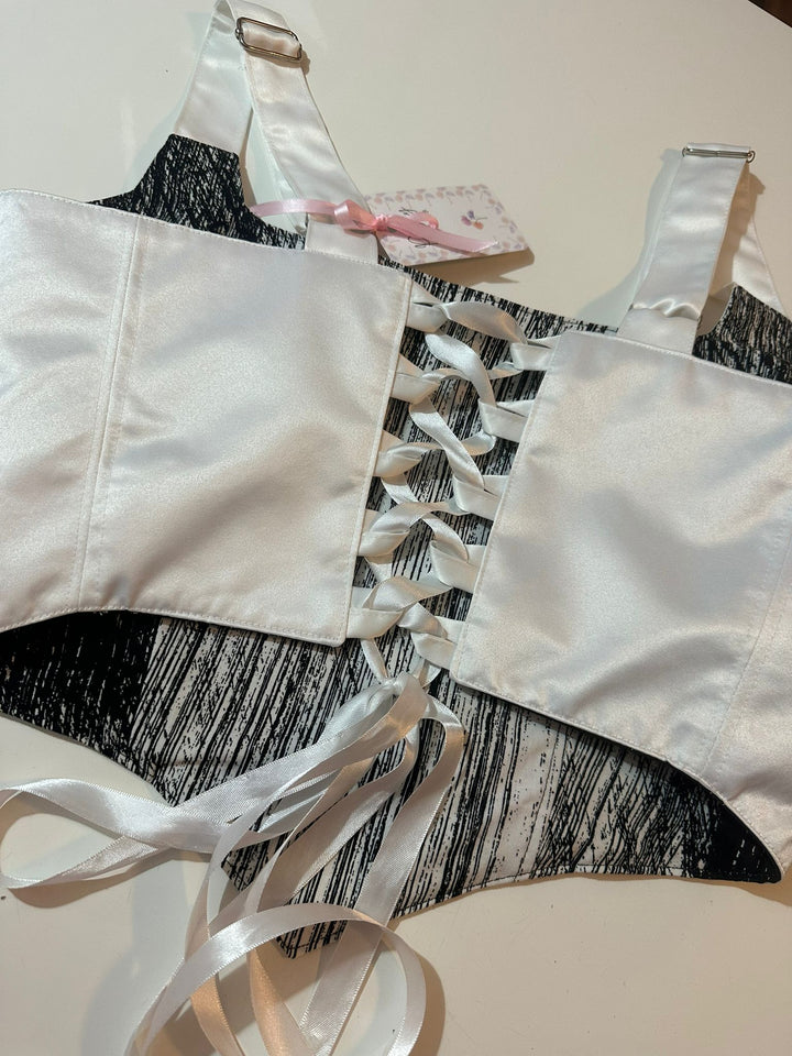 Black &amp; White (Scratch pattern) - Reversible Corset Top- L-XL — reversible corset top handmade in Helsinki by PopJoy