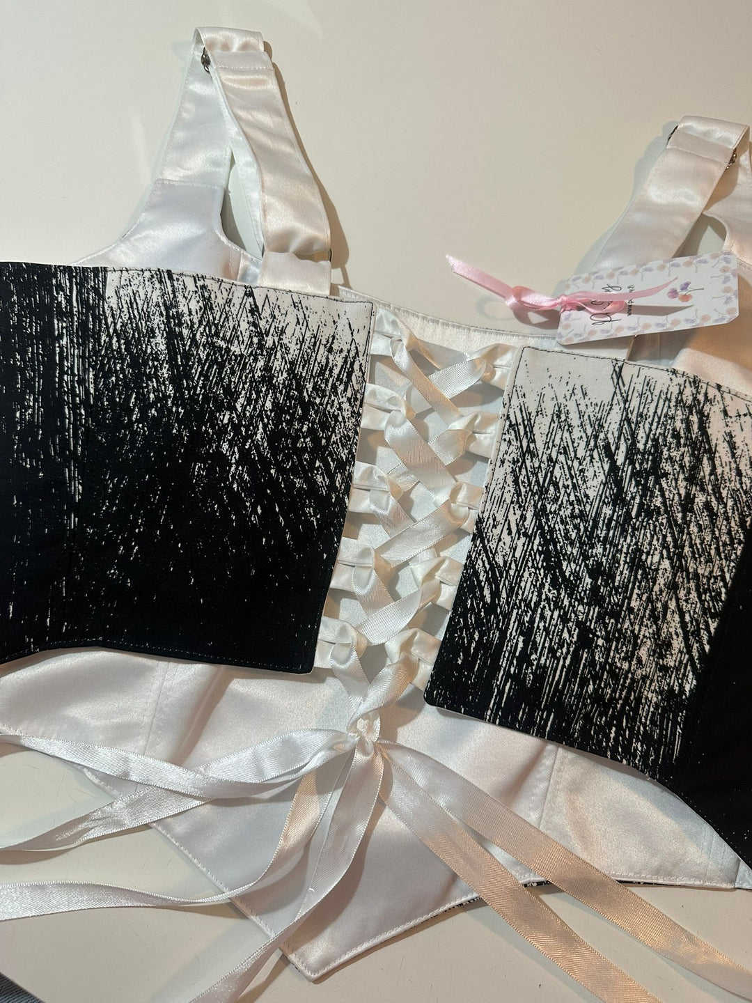 Black &amp; White (Scratch pattern) - Reversible Corset Top- L-XL — reversible corset top handmade in Helsinki by PopJoy