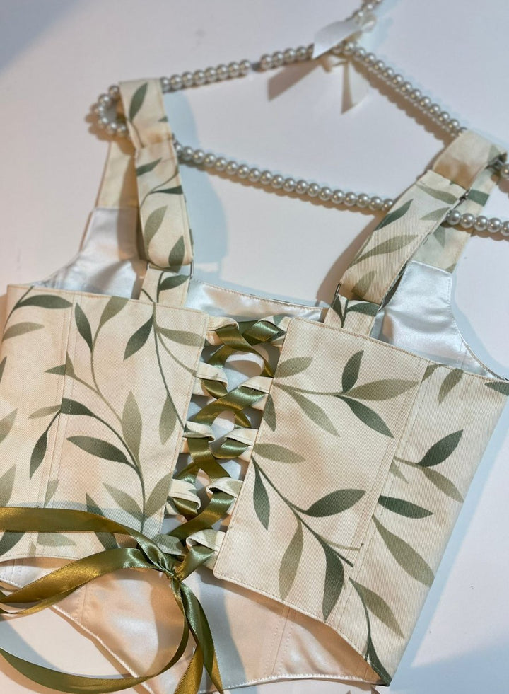Reversible corset tops with green details and beige
