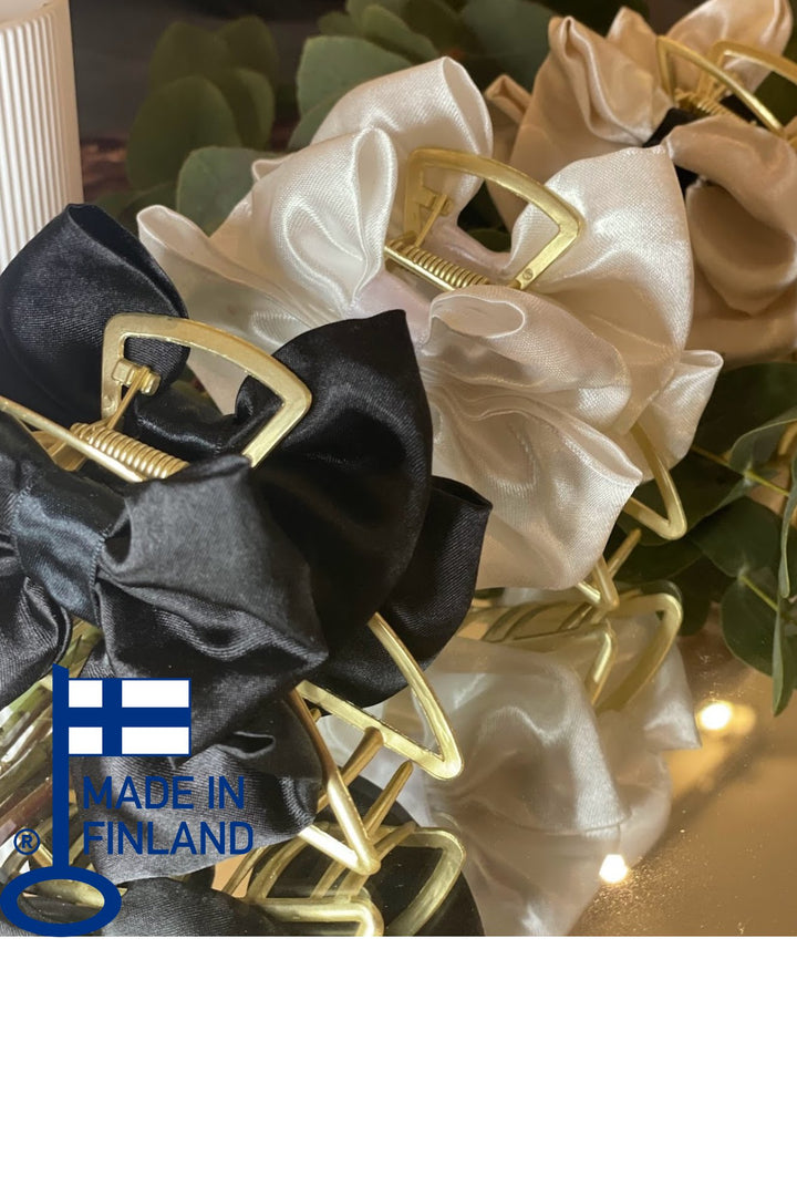 Metallic Hair Claw Clip with bow - White Satin Bow — made in Finland — view 1
