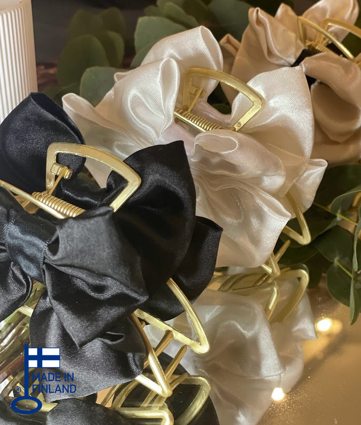 Metallic Hair Claw Clip with bow - White Satin Bow — made in Finland — view 2
