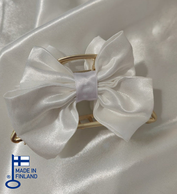 Metallic Hair Claw Clip with bow - White Satin Bow — made in Finland — view 3