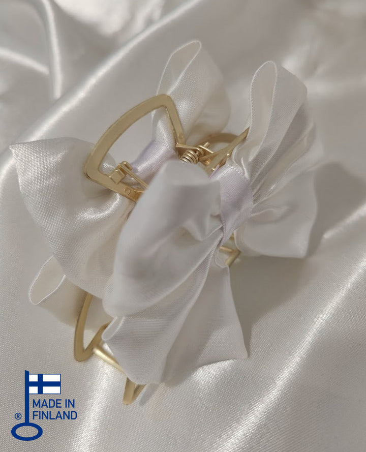 Metallic Hair Claw Clip with bow - White Satin Bow — made in Finland — view 6