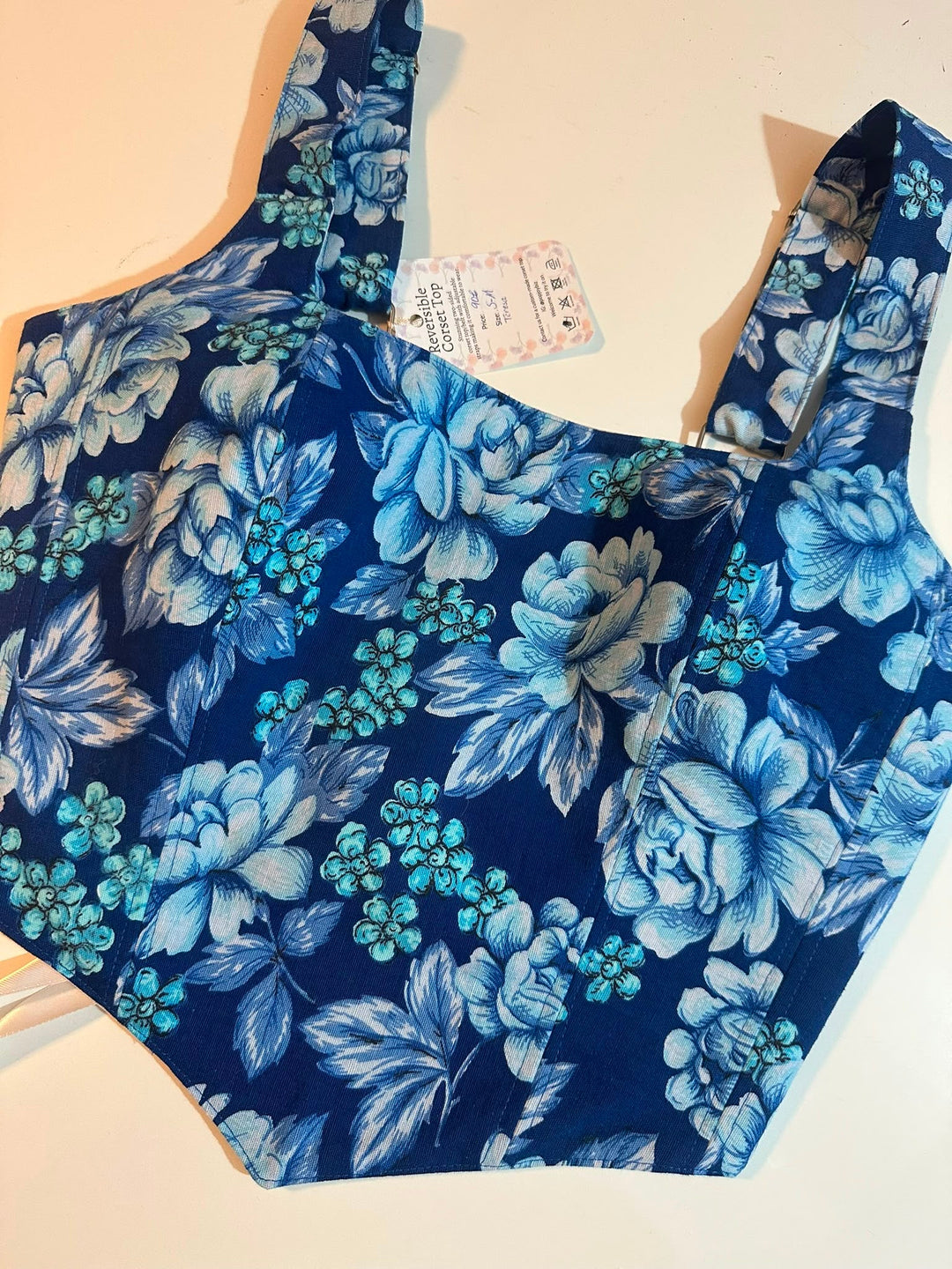 Blue Floral &amp; Cream - Reversible Corset Top - Sample Sale - S-M — view 4