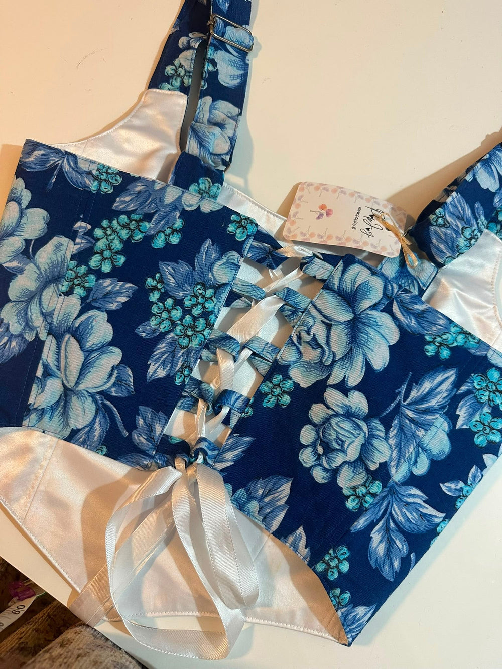 Blue Floral & Cream - Reversible Corset Top - Sample Sale - S-M — view 5