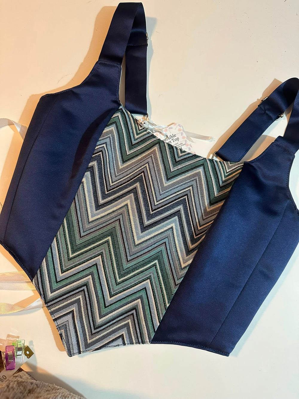 Navy Blue & Cream - Reversible Corset Top - Sample Sale - S-M — view 2