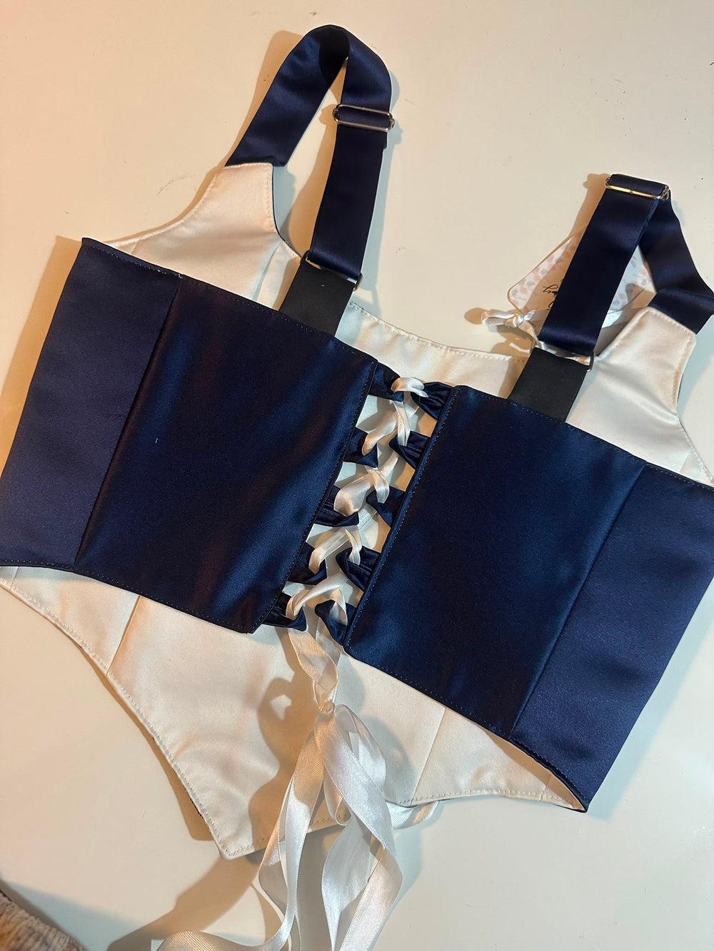 Navy Blue & Cream - Reversible Corset Top - Sample Sale - S-M — view 4
