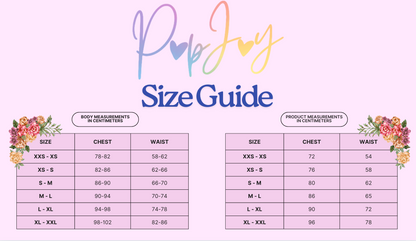 PopJoy size guide with measurements for corset tops