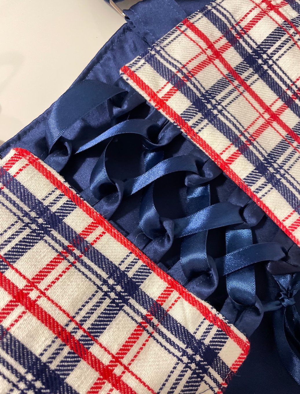Corset top in Blue and Square pattern from the back