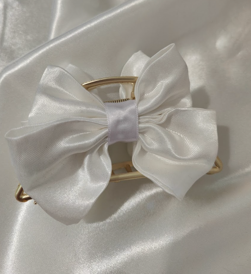 Metallic Hair Claw Clip with bow - White Satin Bow — handmade hair accessory by PopJoy, Helsinki