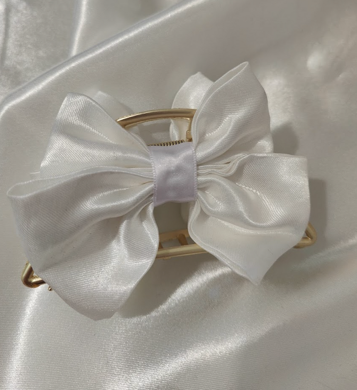 Metallic Hair Claw Clip with bow - White Satin Bow — handmade hair accessory by PopJoy, Helsinki