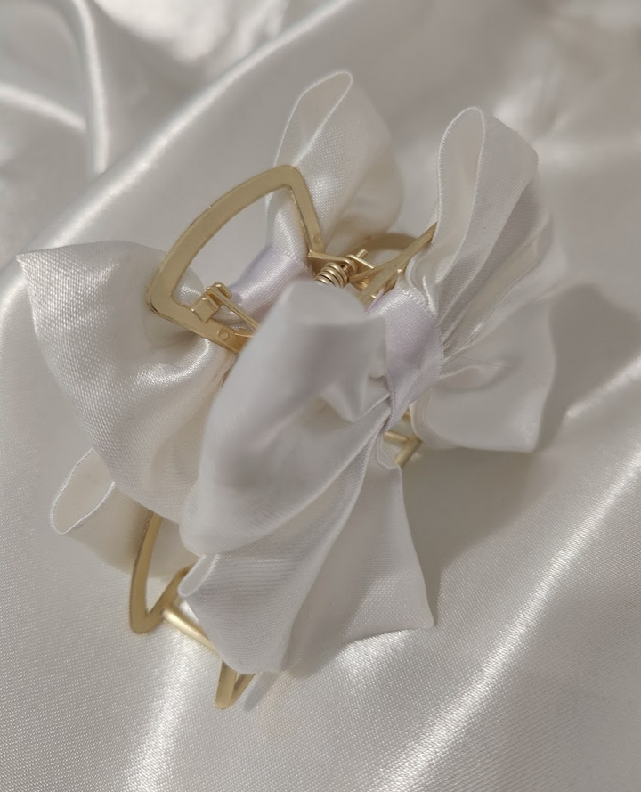 Metallic Hair Claw Clip with bow - White Satin Bow — handmade hair accessory by PopJoy, Helsinki